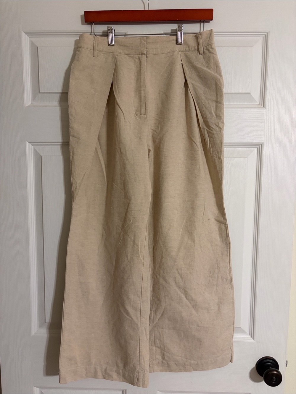 Aureum Beige Cotton Linen Blend Pleated Wide Leg Trouser Pants Size M